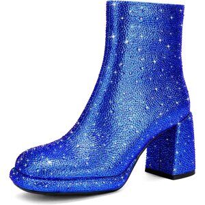 Women's Chunky Block Heeled Sparkly Glitter Rhinestone Booties Blue Shoes